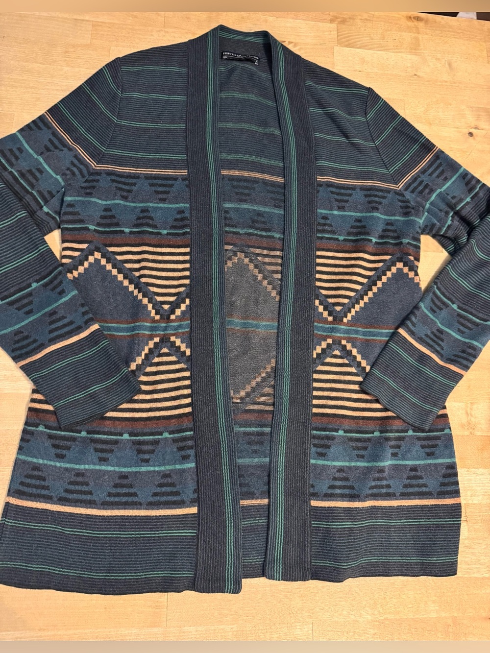 Peruvian Connection Teal Navy Brown southwest Patterned Open Cardigan